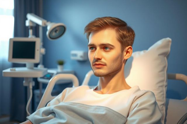 In the image, a young man is lying in a hospital bed. He appears to be unwell or recovering from an illness. The room has various medical equipment such as a monitor, IV drip, and oxygen tank visible around him.