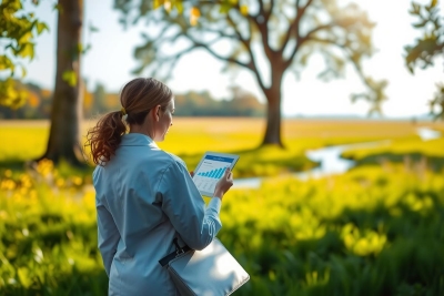 The image features a woman standing in a field, holding a tablet. She is focused on the screen of the device. The environment around her appears to be open and natural, likely a park or rural area, with trees and grasses visible in the background.