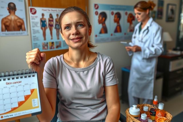 A woman is in a healthcare office, showing her calendar to another woman who seems to be a doctor. The woman holding the calendar appears surprised or concerned about something on it.
