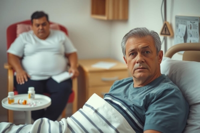 In the image, there are two men in a hospital room. The man lying down is on a bed with pillows and blankets. He has a concerned expression on his face. Beside him stands another man who seems to be attentively observing the first man's condition.