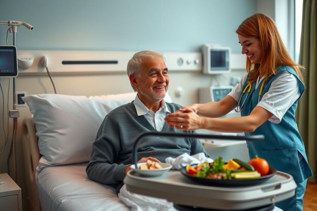 The image depicts a hospital room with medical staff attending to a patient. The patient is in bed, smiling at the caregiver, and there are various medical devices such as monitors and an IV drip visible around the bed. The setting suggests a positive and caring environment for healthcare.