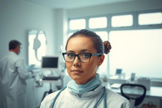 The image features a professional medical setting with a female doctor standing in the foreground. She is wearing a white coat, indicating her role as a medical practitioner. The environment suggests a modern healthcare facility, likely an outpatient clinic or examination room. The colors are primarily neutral, suggesting a sterile and clean environment typical of medical spaces.