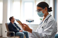 A healthcare professional in a white coat and mask examines a patient's chart. The scene takes place in a medical office with a neutral color palette and bright natural light. Focus is on patient care and medical assessment.