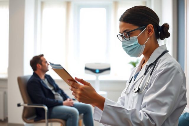 A healthcare professional in a white coat and mask examines a patient's chart. The scene takes place in a medical office with a neutral color palette and bright natural light. Focus is on patient care and medical assessment.