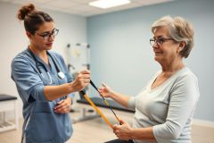 Physical therapy session: A female therapist assists an elderly woman with rehabilitation exercises in a bright, blue-toned clinic. Focus on strength training with resistance bands, promoting senior health and wellness. Healthcare, physiotherapy, and recovery are key themes.