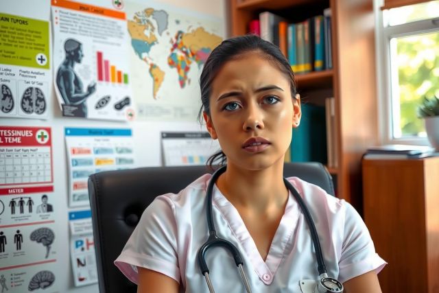The image shows a young woman wearing a white lab coat, sitting at an office desk. She appears to be frustrated or exasperated while looking to the side. Her expression and body language suggest she is dealing with a challenging situation in her work environment.