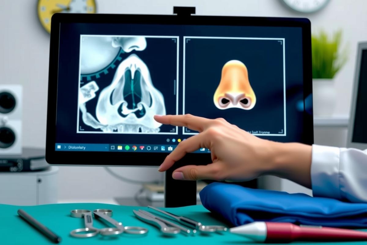 The image depicts a medical professional operating on an x-ray or CT scan of a patient's nasal area. The doctor, whose hands are visible with surgical instruments, is using a computer monitor to review the images and plan their procedure. The clinical environment includes typical medical equipment such as a stool, table, and lighting conducive for a sterile operating room.