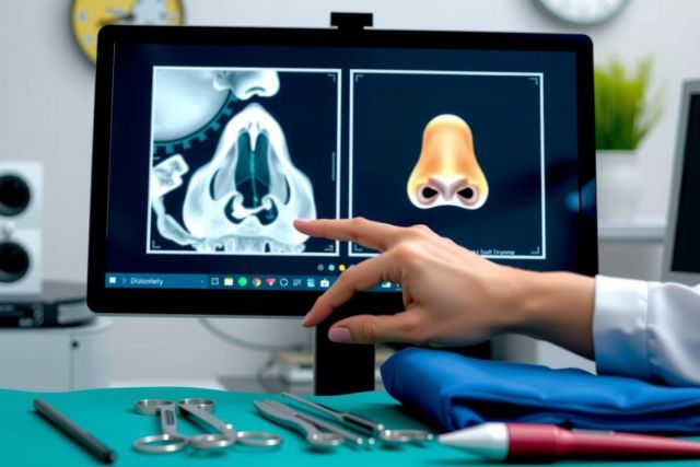 The image depicts a medical professional operating on an x-ray or CT scan of a patient's nasal area. The doctor, whose hands are visible with surgical instruments, is using a computer monitor to review the images and plan their procedure. The clinical environment includes typical medical equipment such as a stool, table, and lighting conducive for a sterile operating room.