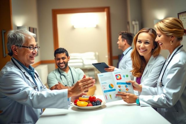 The image shows a group of five medical professionals, presumably doctors, in lab coats and stethoscopes, gathered around a table, smiling and chatting.
