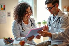 Two doctors in white coats review paperwork, likely discussing patient records. The scene is brightly lit and appears to be in a medical office or clinic setting.