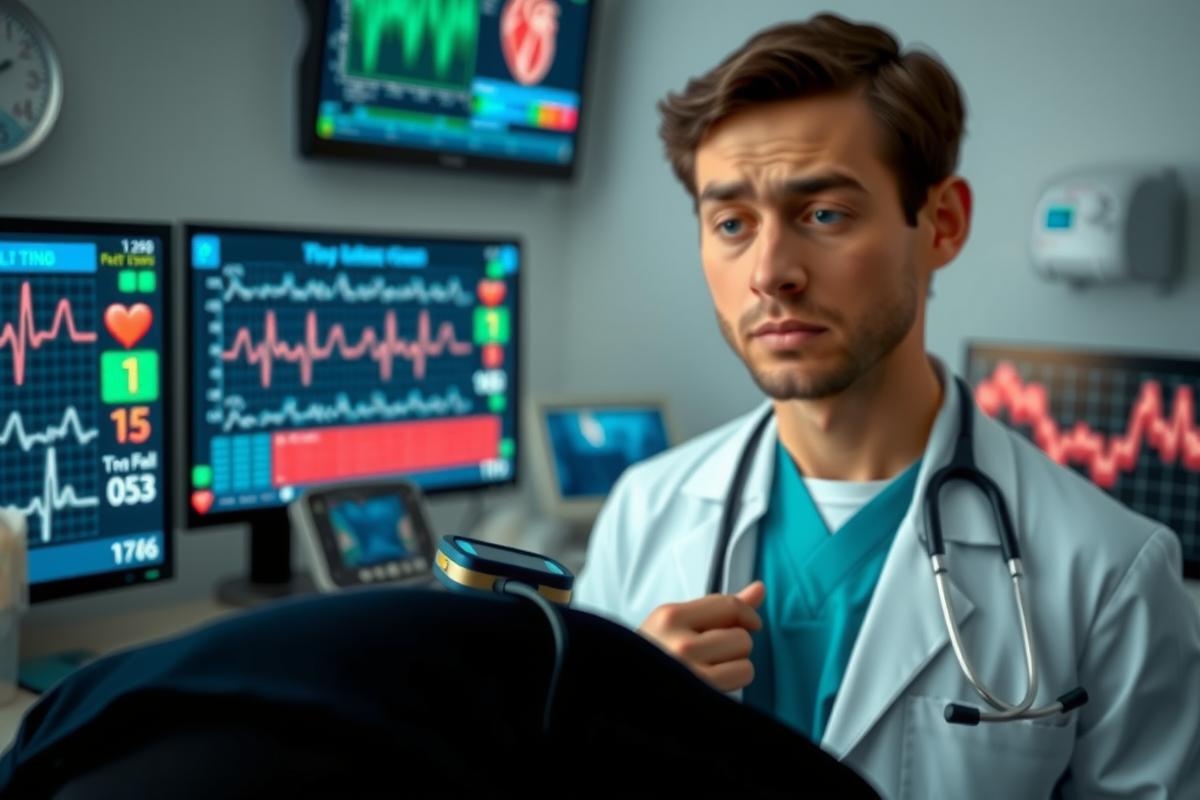 The image features a man in a medical coat and stethoscope, looking intently at patient information displayed on several monitors. The environment suggests a hospital setting with medical equipment.