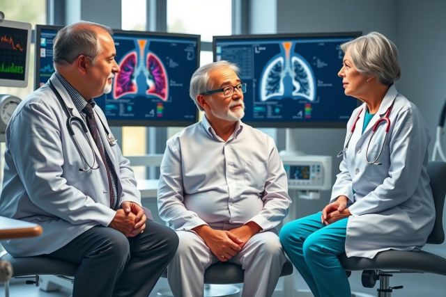Three medical professionals gathered in a modern hospital room, engaged in conversation with digital patient data displayed on multiple screens and monitors behind them. The room is well-lit, reflecting a professional atmosphere.
