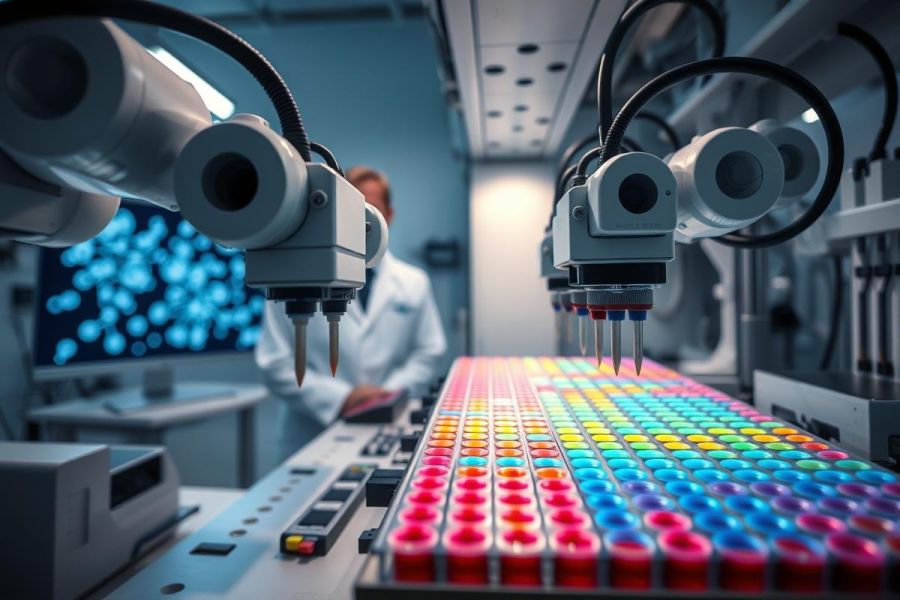 Automated laboratory equipment processes colorful samples in a modern research facility. Robotic arms dispense liquids into a multi-well plate filled with vibrant red, blue, and green solutions. A scientist works in the background, showcasing cutting-edge biotechnology and pharmaceutical research.