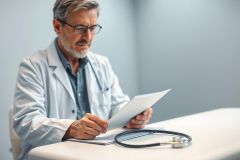 Mature male doctor in a white coat reviewing medical records in a clinical setting. He wears glasses and a stethoscope rests on the table. Focus is on healthcare, patient care, and medical professionals.