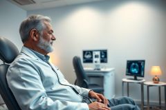 A mature man with gray hair and a white coat sits thoughtfully in a modern medical clinic. The room features healthcare technology including monitors displaying brain scans, suggesting neurological assessment or diagnostics. Cool blue and white tones create a professional, calming environment. Focus on patient care and medical imaging.