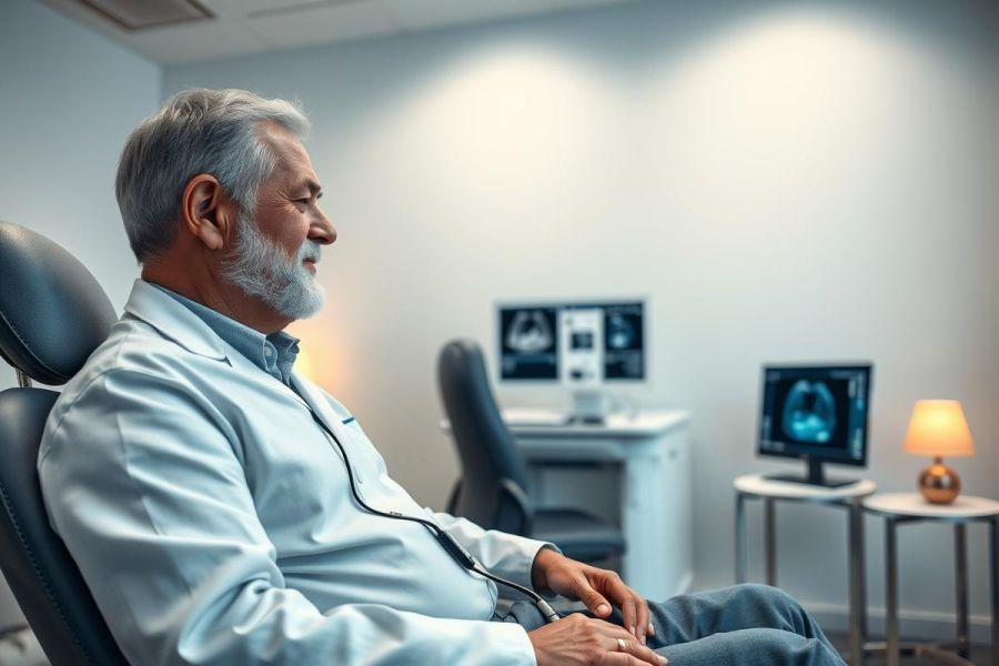 A mature man with gray hair and a white coat sits thoughtfully in a modern medical clinic. The room features healthcare technology including monitors displaying brain scans, suggesting neurological assessment or diagnostics. Cool blue and white tones create a professional, calming environment. Focus on patient care and medical imaging.