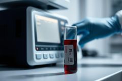 Laboratory setting featuring a blood sample tube with a red liquid and a medical analysis device. A gloved hand is visible in the background. Focus is on medical testing, diagnostics, and laboratory science with a clean, sterile environment.