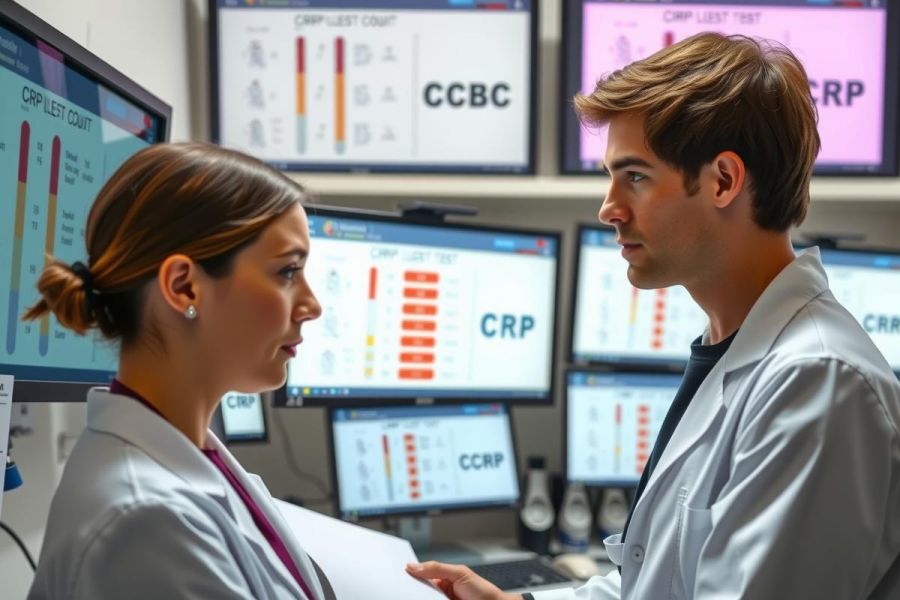 The image portrays a professional environment where two individuals, presumably scientists or medical professionals, are engaged in discussion. 