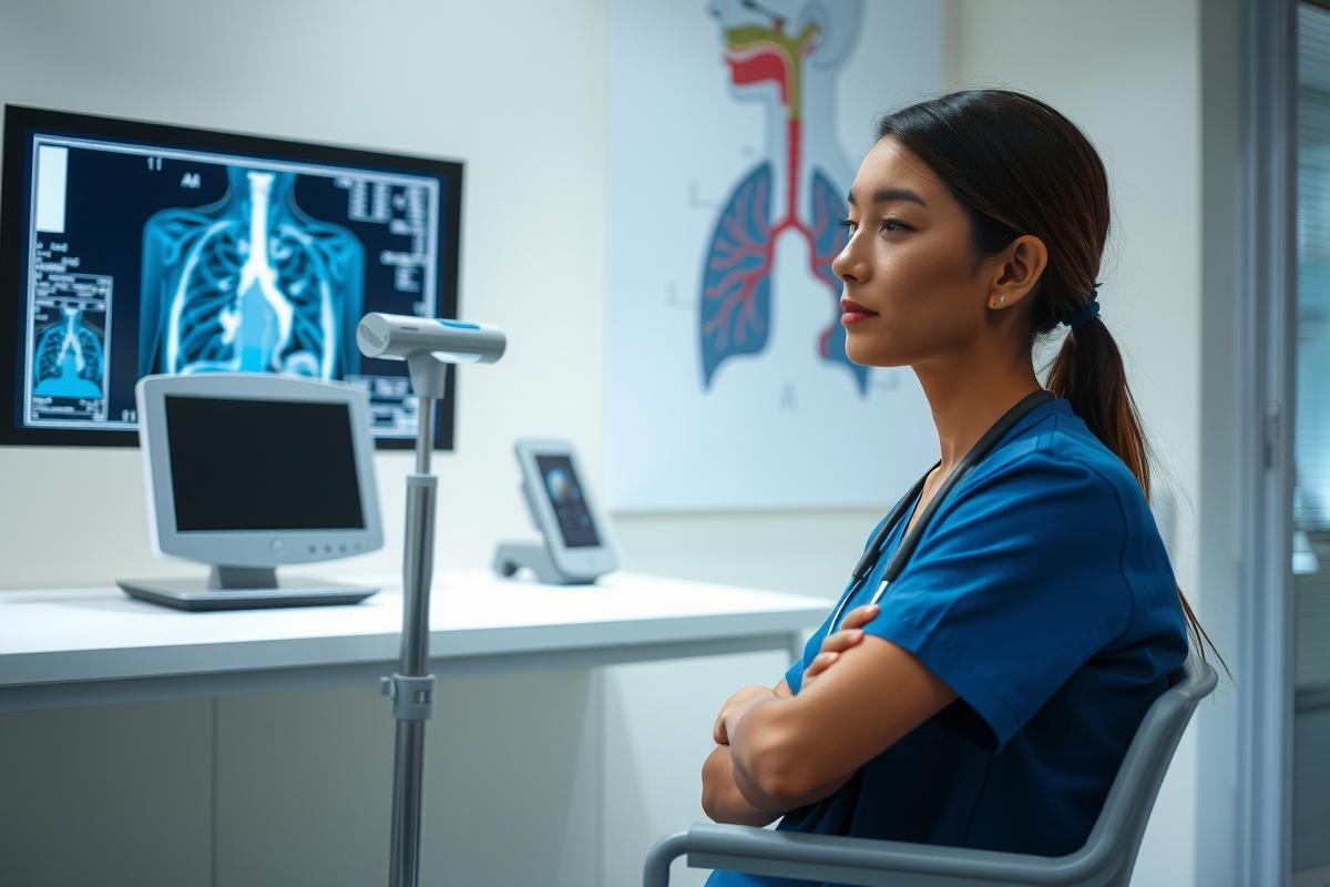 In the image, a medical professional in scrubs is seated at an examination table. The individual appears to be focused and serious, possibly reviewing medical records on the screen monitor.