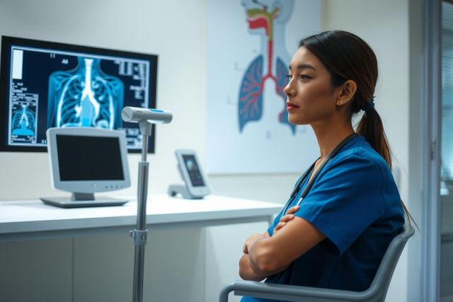 In the image, a medical professional in scrubs is seated at an examination table. The individual appears to be focused and serious, possibly reviewing medical records on the screen monitor. 