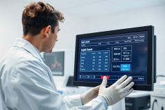 Man in lab coat analyzing medical data on a monitor. Healthcare professional examining blood test results, likely cholesterol levels, in a clinical laboratory setting. Blue and white color scheme, scientific equipment visible.
