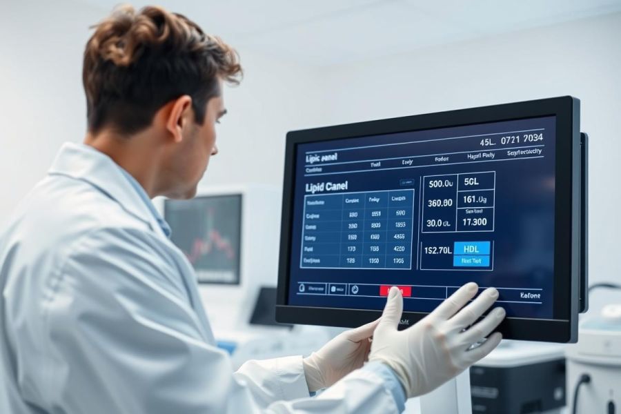 Man in lab coat analyzing medical data on a monitor. Healthcare professional examining blood test results, likely cholesterol levels, in a clinical laboratory setting. Blue and white color scheme, scientific equipment visible.