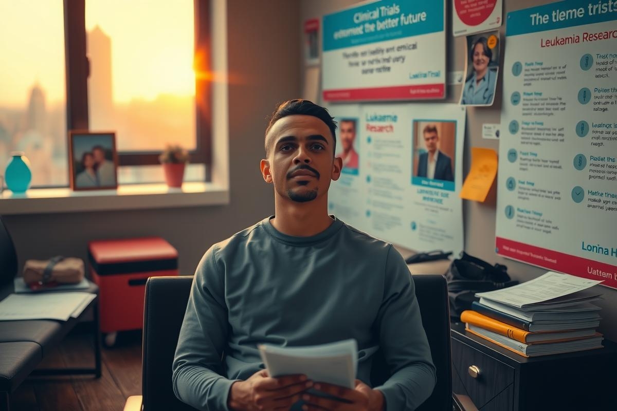 The image features a young man sitting at his desk in an office environment during sunset. He is focused on some papers he holds in his hand, possibly reviewing documents or working. The room has a modern and well-lit atmosphere with natural light coming from the window.