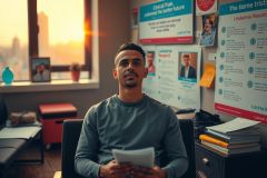 The image features a young man sitting at his desk in an office environment during sunset. He is focused on some papers he holds in his hand, possibly reviewing documents or working. The room has a modern and well-lit atmosphere with natural light coming from the window.