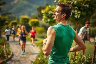 The image depicts an outdoor scene where a group of people are participating in a running event. The focus is on a male runner wearing a dark green tank top, who is walking towards the camera with his hands clasped together behind him. He appears to be looking back at another runner ahead of him. There's a lush greenery surrounding the runners, suggesting they are in a park or a garden setting. The runners are dressed in sportswear appropriate for exercise, and the overall atmosphere suggests an active, healthy lifestyle.