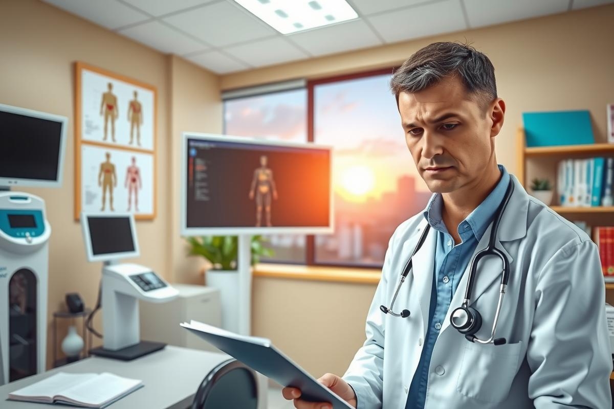 The image features a male doctor seated at his desk, reviewing patient records on a digital tablet. He is dressed in professional medical attire with a white coat, indicating his role as a healthcare provider. The office environment is modern and well-equipped, including monitors displaying medical images, books for reference.