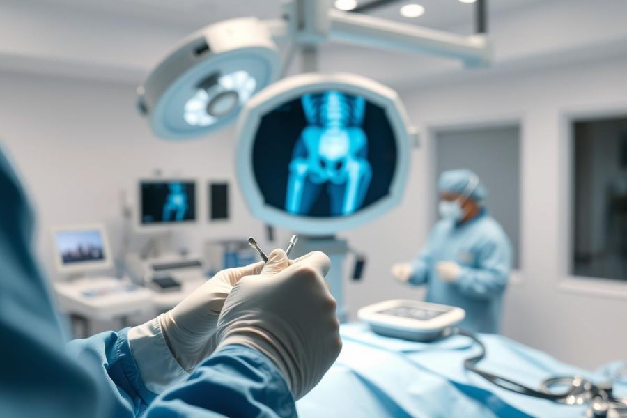 Surgical procedure in a modern operating room. A surgeon in blue scrubs holds instruments, with a digital X-ray of a hip displayed on a monitor. Bright, clinical lighting and sterile environment. Focus on precision and medical technology.
