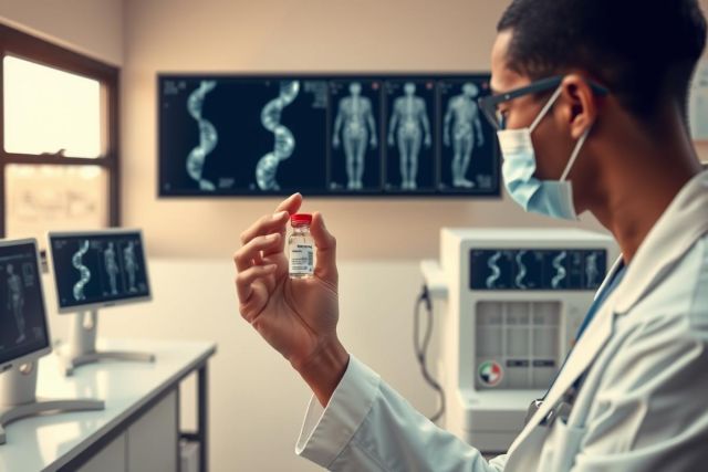 A scientist in a lab coat and face mask is holding up a test vial, possibly for analysis or observation. The background features medical imaging equipment such as MRI machines.
