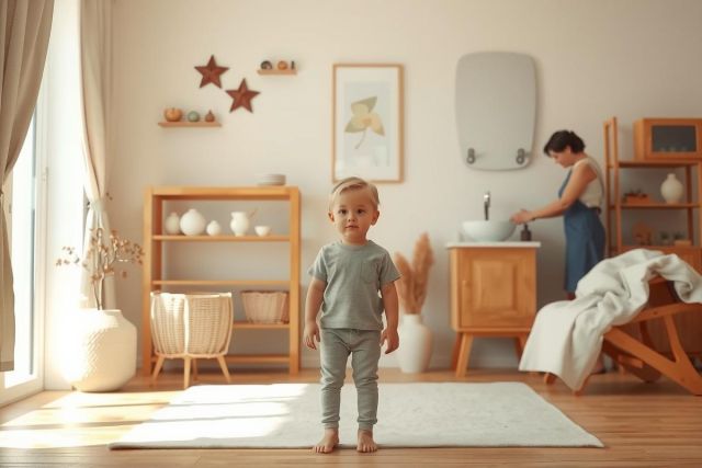 The image depicts a warm, modern interior with natural lighting. In the center, there is a child standing on a rug, looking directly at the camera. To their right, an adult is bending over, reaching towards something out of frame. The room features bright colors and stylish furniture, indicative of contemporary design.
