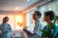 Healthcare professionals in a hospital setting, gathered around a table with papers and medical equipment. They are engaged in a discussion or reviewing patient records.