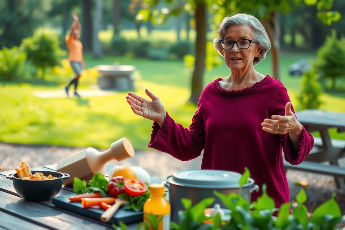The image shows an older woman outdoors at a picnic or barbecue gathering. She is wearing glasses, and she appears to be in the middle of cooking or serving food. In front of her are various fresh vegetables, including tomatoes and lettuce, on a dining table. To her side, there is another person partially visible, likely involved in the same outdoor event. The woman is smiling broadly, indicating a sense of happiness or enjoyment in the activity.
