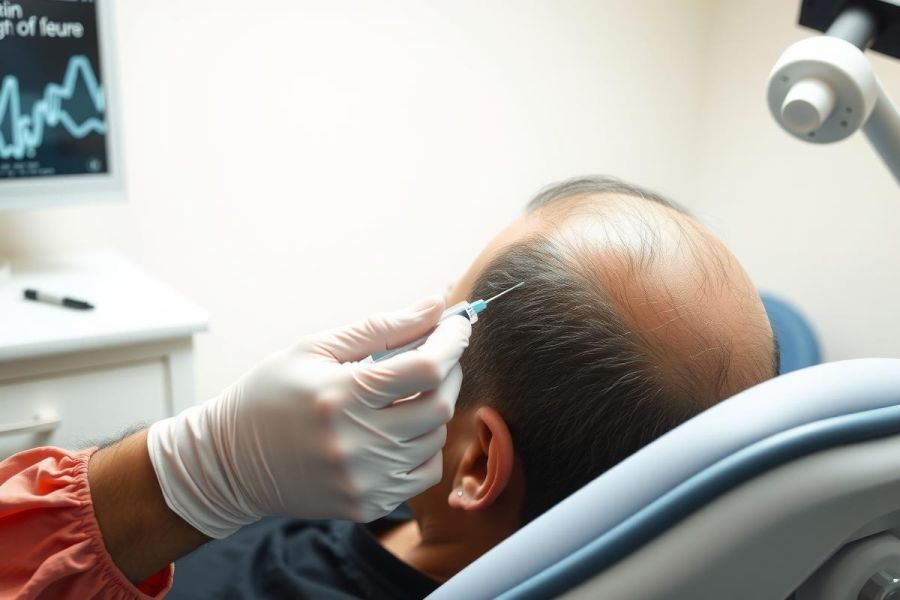 Medical procedure: A doctor administers an injection to a patient's head, likely a cosmetic treatment. Close-up shot in a clinic setting, emphasizing the precision of the procedure and the medical professional's expertise.