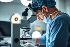 Scientist examining a sample under a microscope in a lab. Wearing protective gear, the researcher is focused on the analysis, showcasing scientific research and a clean, sterile environment.
