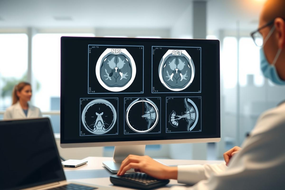 The image features a healthcare professional working at a computer. In front of the person is a large monitor displaying several medical images side by side, including X-rays and possibly CT scans or MRIs. The professional appears to be reviewing these images, likely for diagnostic purposes in a clinical setting.