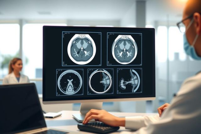 The image features a healthcare professional working at a computer. In front of the person is a large monitor displaying several medical images side by side, including X-rays and possibly CT scans or MRIs. The professional appears to be reviewing these images, likely for diagnostic purposes in a clinical setting.