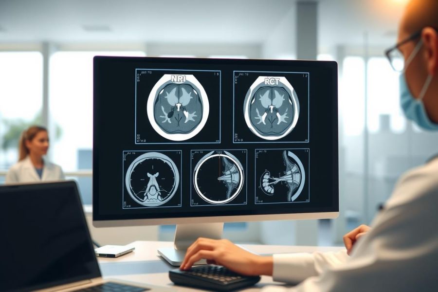 The image features a healthcare professional working at a computer. In front of the person is a large monitor displaying several medical images side by side, including X-rays and possibly CT scans or MRIs. The professional appears to be reviewing these images, likely for diagnostic purposes in a clinical setting.