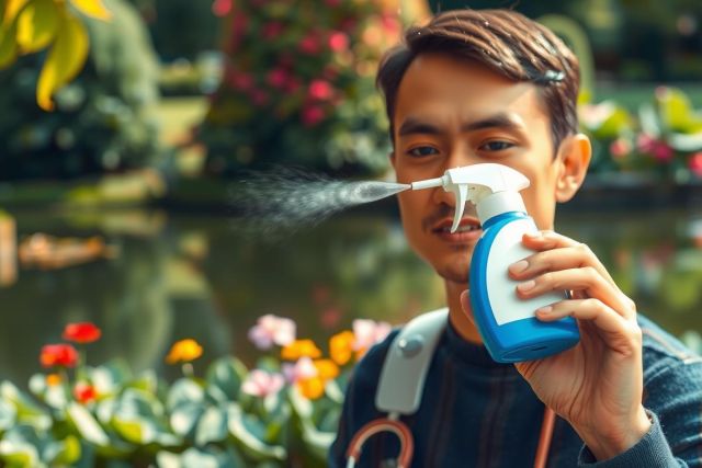 Man wearing a backpack is spraying disinfectant into the air using a blue can. He stands in front of a garden with various flowers. A tranquil setting, suggesting cleanliness and environmental care.