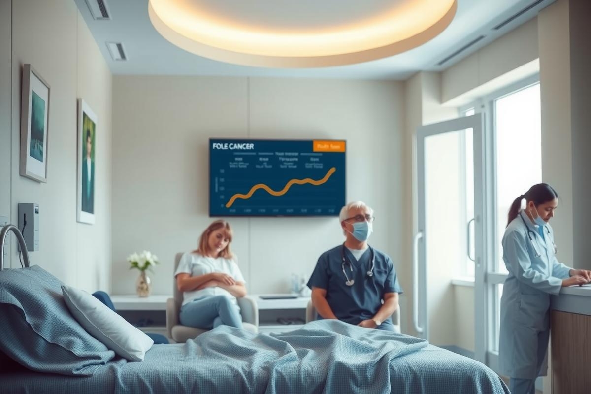 The image shows a healthcare scene with three individuals, presumably medical professionals. They are in an indoor setting, possibly a hospital or clinic, due to the presence of medical equipment and a chart on the wall. The individuals appear engaged in conversation, suggesting a collaborative environment. The room is well-lit, indicating an artificial lighting system typical for healthcare facilities.