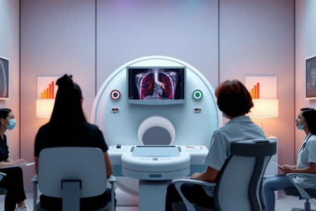 The image depicts a scene in a medical or research setting. In the center, there is a large, advanced brain imaging machine with multiple computer monitors displaying neuroimaging results. 