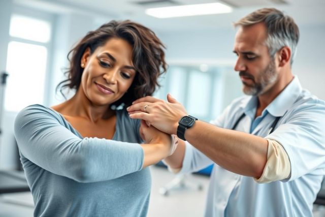 Physiotherapist examining a patient's arm in a bright, modern clinic. A woman receives treatment from a male doctor, likely for an injury or rehabilitation. Focus on healthcare, physical therapy, and patient care. Light blue and neutral tones dominate the scene.