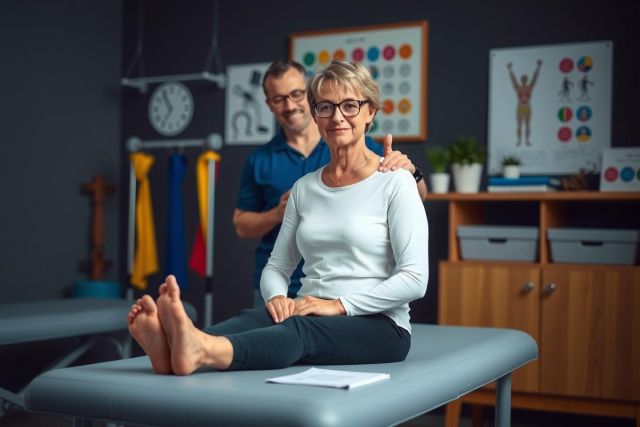 The image depicts a professional physical therapy environment, reminiscent of a well-lit office space designed for therapeutic services.