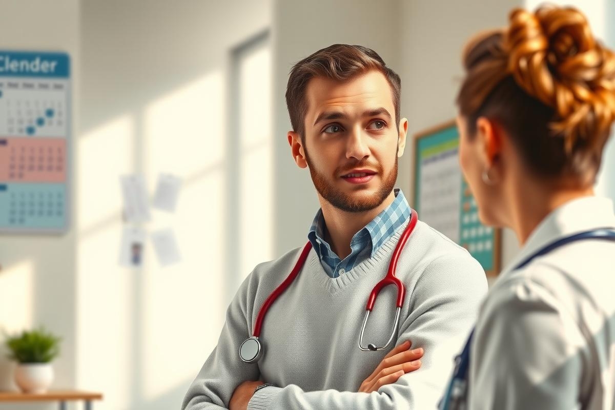 The image shows a male and female healthcare professionals in an office setting. The man is wearing a white coat with a stethoscope around his neck, suggesting he may be a doctor. He has short hair and is looking slightly to the side.