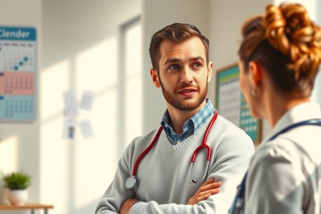 The image shows a male and female healthcare professionals in an office setting. The man is wearing a white coat with a stethoscope around his neck, suggesting he may be a doctor. He has short hair and is looking slightly to the side. 