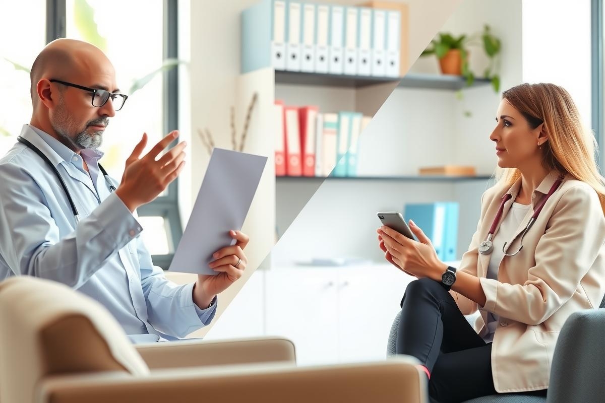 The image depicts a professional setting where a man and woman are engaged in a conversation. He is holding papers and gesturing with his hand as if explaining something to the woman. The woman is sitting opposite him, dressed professionally in a suit, suggesting she could be a colleague or client.