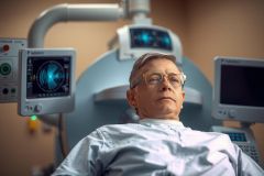 The image shows a man lying on a medical bed in what appears to be a hospital setting. He is wearing a white gown and has various medical equipment around him, such as an ECG monitor. 