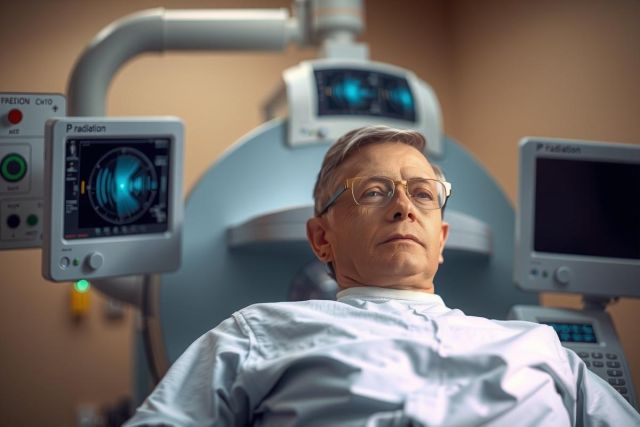 The image shows a man lying on a medical bed in what appears to be a hospital setting. He is wearing a white gown and has various medical equipment around him, such as an ECG monitor. 